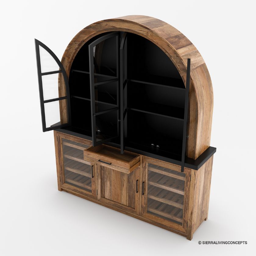 Marfa Two Tone Arched Bar Cabinet with Glass Doors