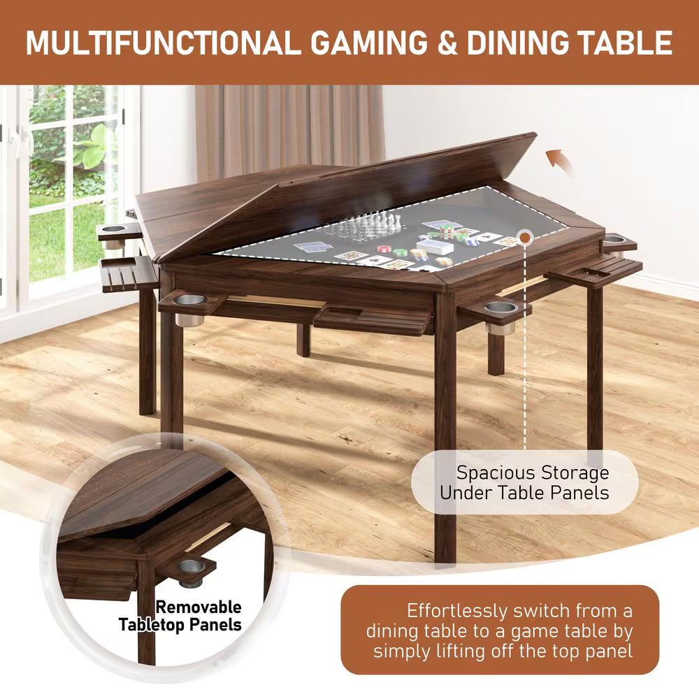 Wood Poker Table Convertible Gaming/Dining Table for 4-6 People with Removable Top, 6-Cup Holders