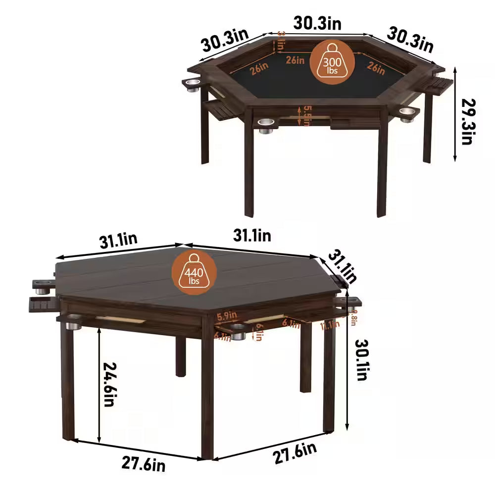 Wood Poker Table Convertible Gaming/Dining Table for 4-6 People with Removable Top, 6-Cup Holders