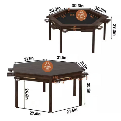 Wood Poker Table Convertible Gaming/Dining Table for 4-6 People with Removable Top, 6-Cup Holders