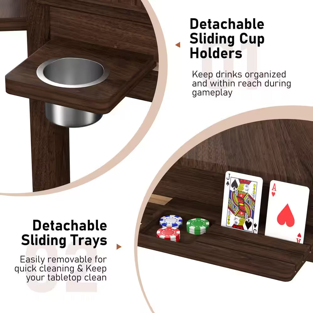 Wood Poker Table Convertible Gaming/Dining Table for 4-6 People with Removable Top, 6-Cup Holders