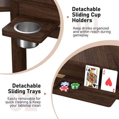Wood Poker Table Convertible Gaming/Dining Table for 4-6 People with Removable Top, 6-Cup Holders