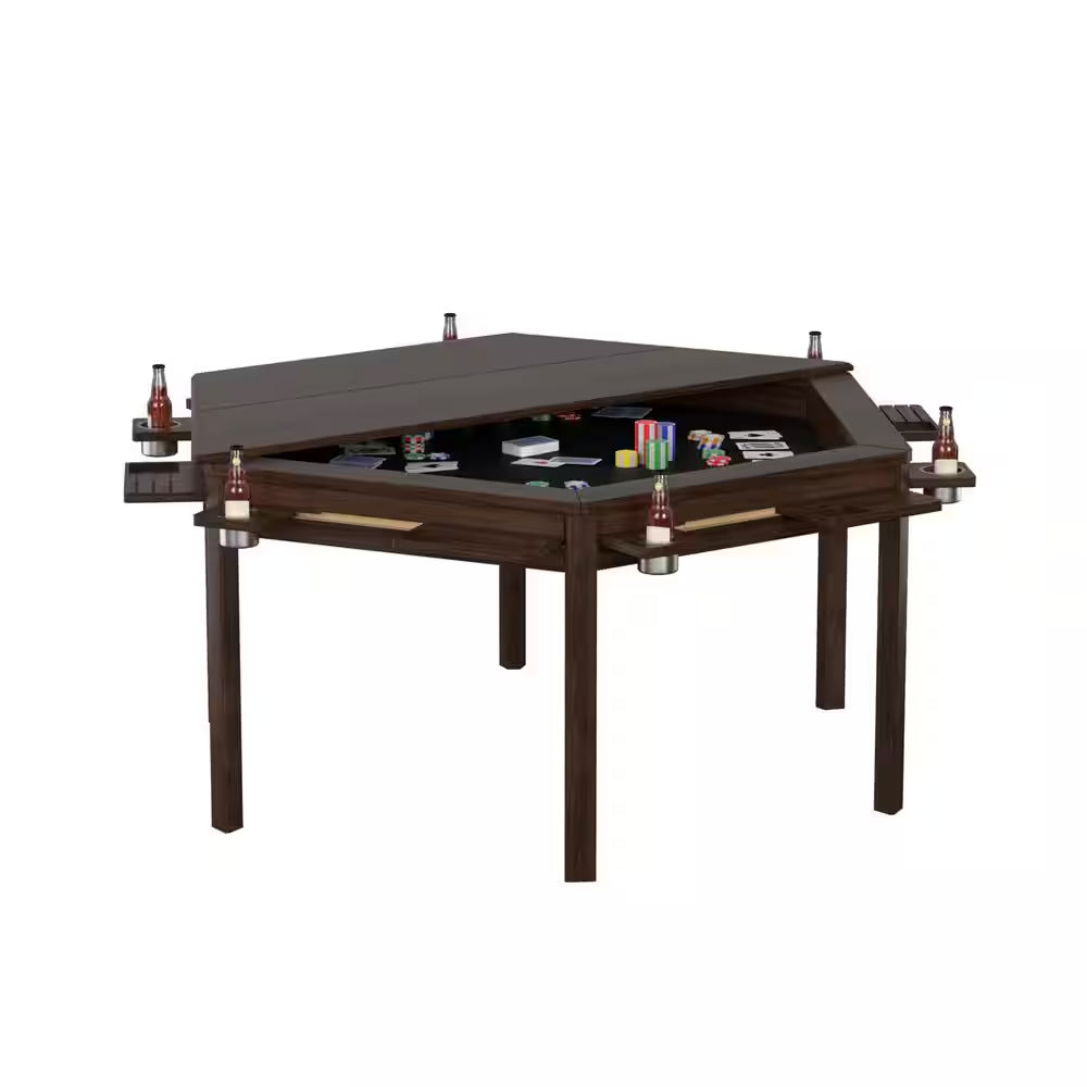 Wood Poker Table Convertible Gaming/Dining Table for 4-6 People with Removable Top, 6-Cup Holders