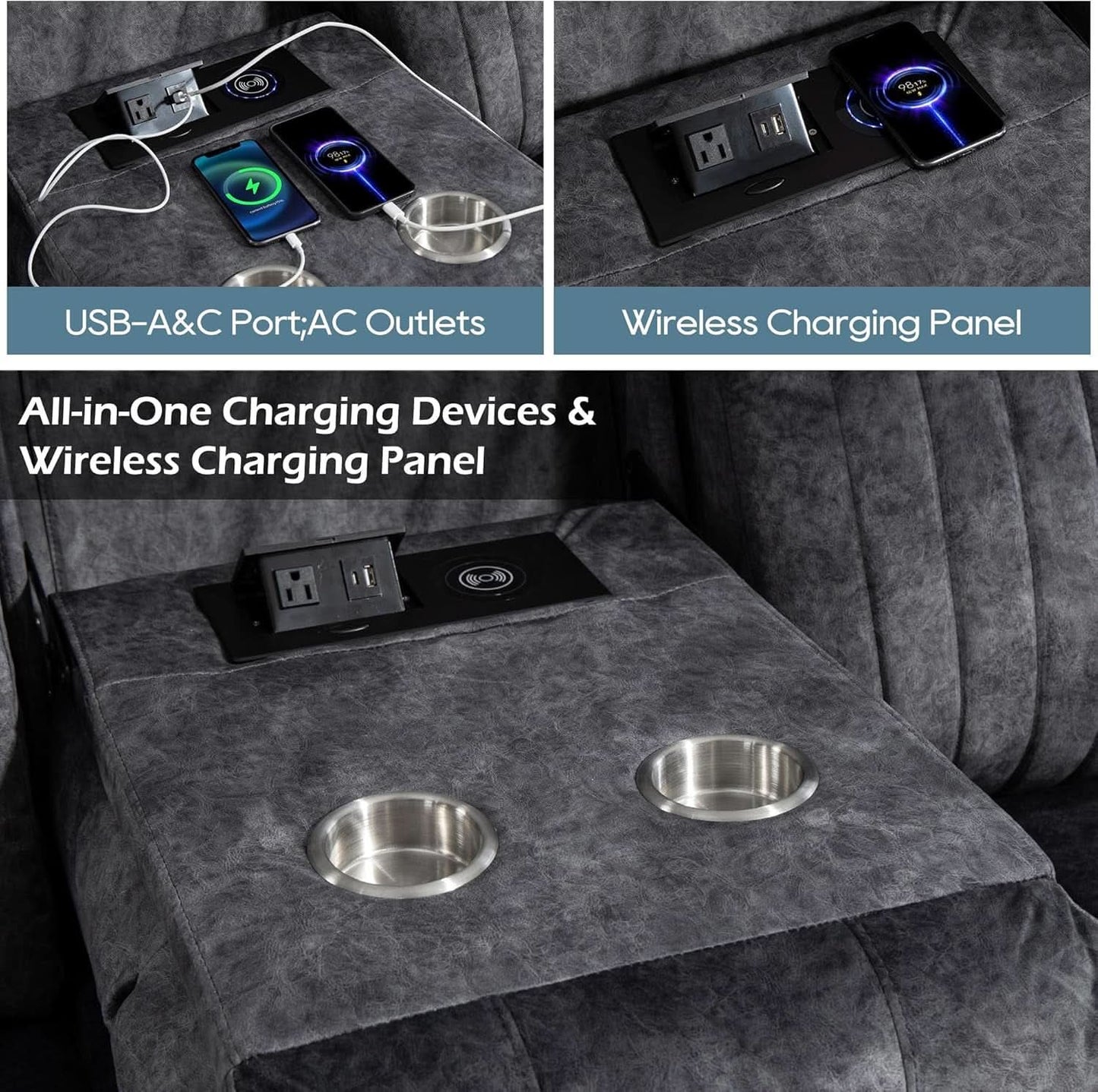 Zero Gravity Power Reclining Sofa Grey With USB Ports