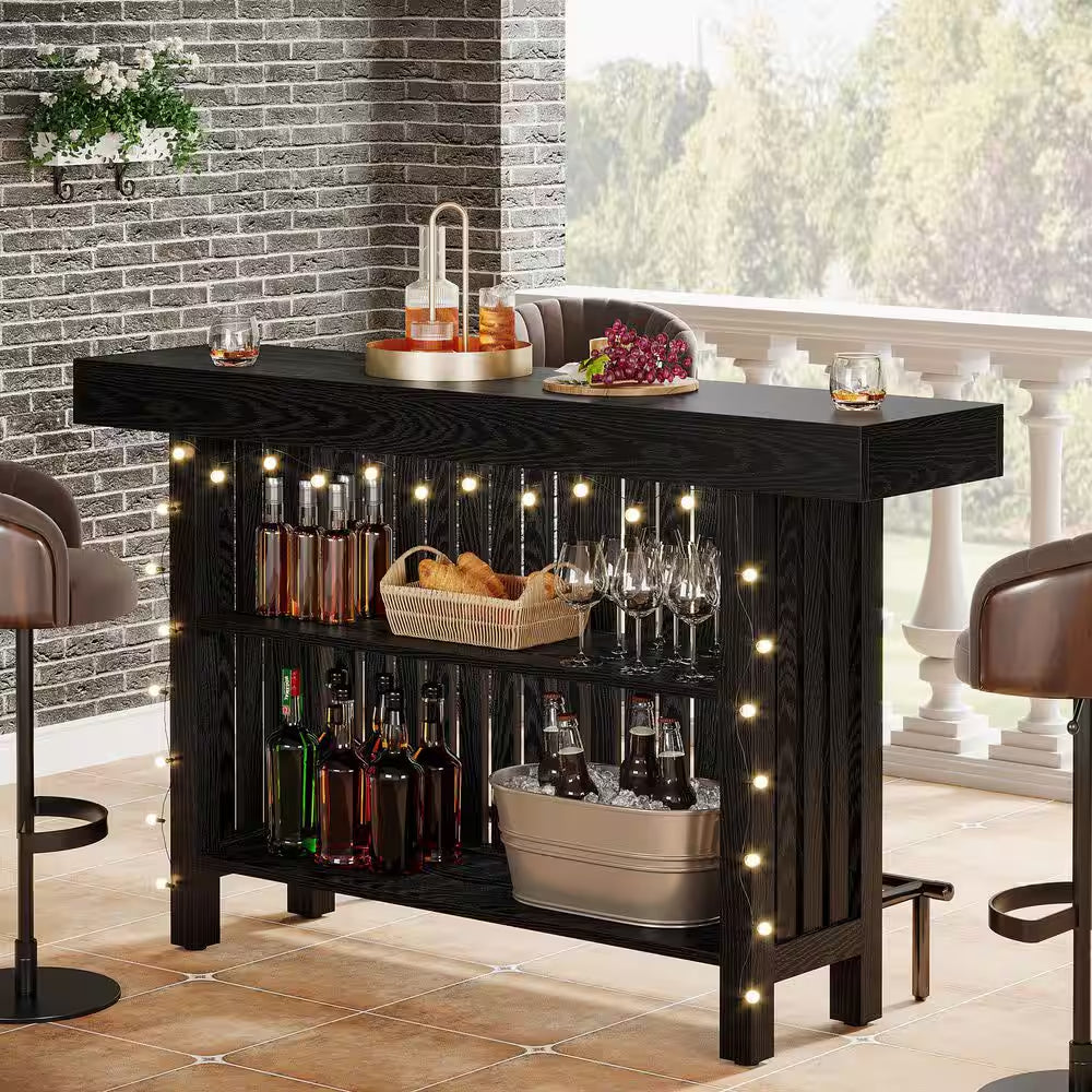 Adan 63 In. Home Black Wood Modern 2-Tier Bar Table Footrest Corner Mini Coffee Bar Cabinet Bar Unit