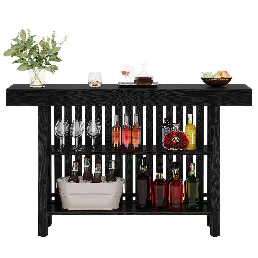 Adan 63 In. Home Black Wood Modern 2-Tier Bar Table Footrest Corner Mini Coffee Bar Cabinet Bar Unit