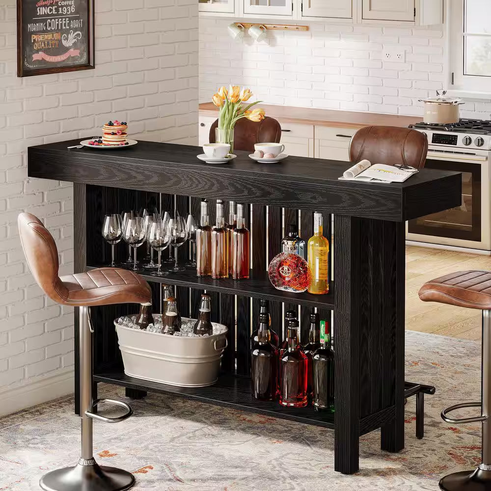 Adan 63 In. Home Black Wood Modern 2-Tier Bar Table Footrest Corner Mini Coffee Bar Cabinet Bar Unit