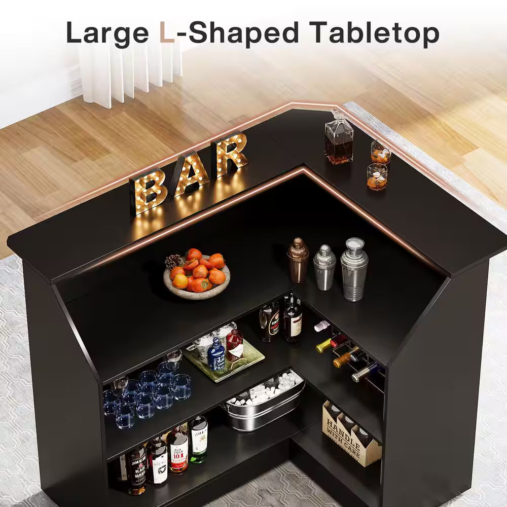 Kearsten Black 44.09 In. Corner Bar L-Shaped Home Bar Table with Stemware Racks, 4-Tier Bar Cabinet Unit Liquor Table
