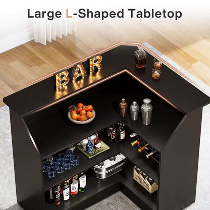 Kearsten Black 44.09 In. Corner Bar L-Shaped Home Bar Table with Stemware Racks, 4-Tier Bar Cabinet Unit Liquor Table