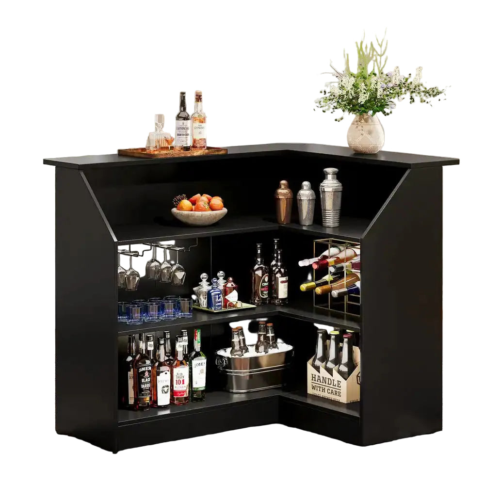 Kearsten Black 44.09 In. Corner Bar L-Shaped Home Bar Table with Stemware Racks, 4-Tier Bar Cabinet Unit Liquor Table