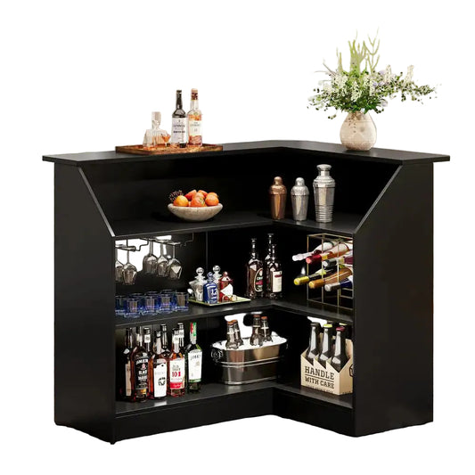 Kearsten Black 44.09 In. Corner Bar L-Shaped Home Bar Table with Stemware Racks, 4-Tier Bar Cabinet Unit Liquor Table