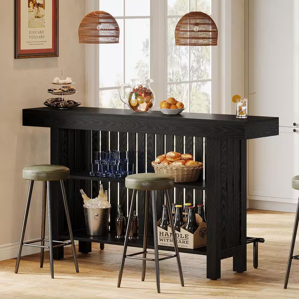 Adan 63 In. Home Black Wood Modern 2-Tier Bar Table Footrest Corner Mini Coffee Bar Cabinet Bar Unit