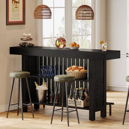Adan 63 In. Home Black Wood Modern 2-Tier Bar Table Footrest Corner Mini Coffee Bar Cabinet Bar Unit