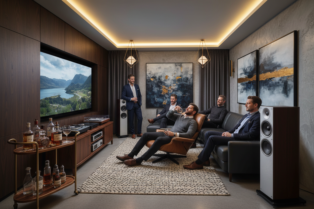 Curated high-fidelity audio, artisanal lounge essentials, and cinematic tech for the modern home sanctuary - an affluent version of a man cave showing group of men enjoying their high quality free time together