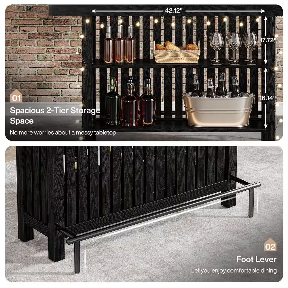 Adan 63 In. Home Black Wood Modern 2-Tier Bar Table Footrest Corner Mini Coffee Bar Cabinet Bar Unit