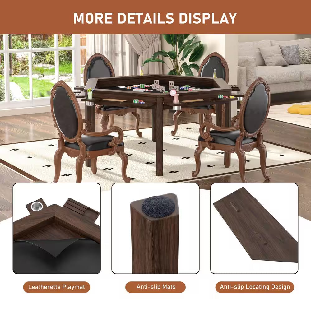 Wood Poker Table Convertible Gaming/Dining Table for 4-6 People with Removable Top, 6-Cup Holders