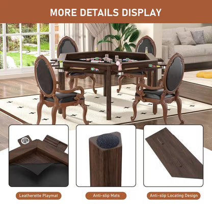 Wood Poker Table Convertible Gaming/Dining Table for 4-6 People with Removable Top, 6-Cup Holders