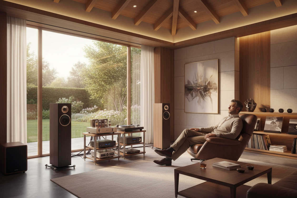 Generate a banner image suitable for a premium online store, but with good lighting. Feature a

photorealistic "Luxury" vibe of a modern architectural high end light and welcoming relaxing [elegant and affluent mans man cave] as the clear focus. The

surrounding scene, mood, and setting should be designed entirely around the product. The focus of the whole scene should be a man enjoying his sound system