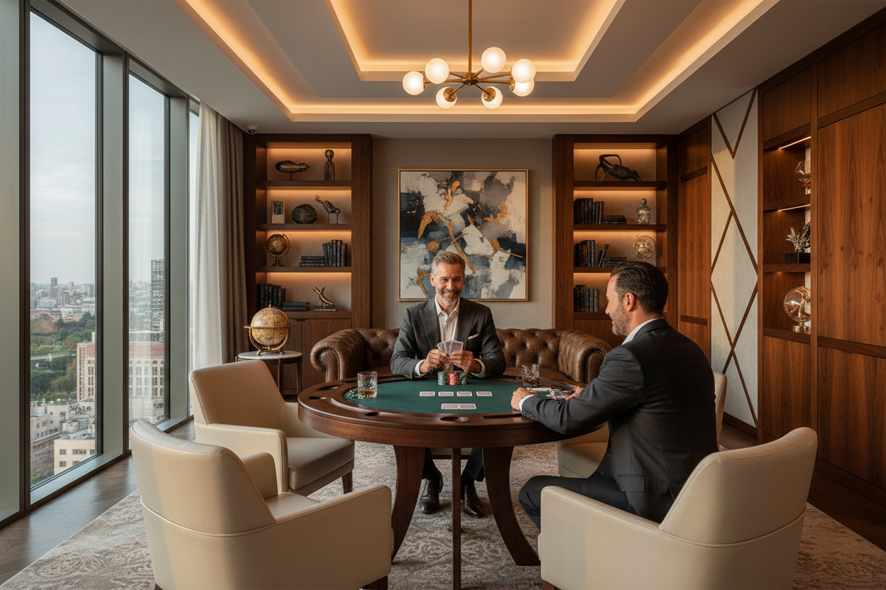 Generate a banner image suitable for a premium online store, but with good lighting. Feature a

photorealistic "Luxury" vibe of a modern architectural high end light and welcoming relaxing [elegant and affluent mans man cave] as the clear focus. The

surrounding scene, mood, and setting should be designed entirely around the product. The focus of the whole scene should be a man enjoying his poker game set