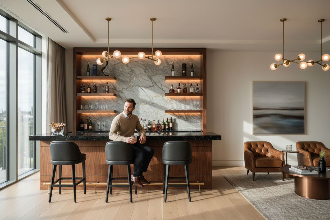 Generate a banner image suitable for a premium online store, but with good lighting. Feature a

photorealistic "Luxury" vibe of a modern architectural high end light and welcoming relaxing [elegant and affluent mans man cave] as the clear focus. The

surrounding scene, mood, and setting should be designed entirely around the product. The focus of the whole scene should be a man enjoying his home bar